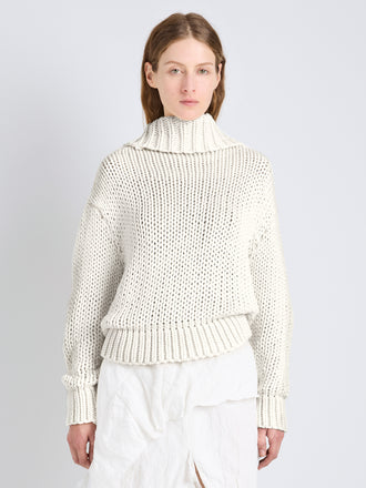 Proenza Schouler Front cropped image of model wearing Alexandra Sweater in Draped Cotton in Plaster