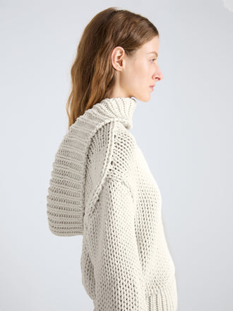 Proenza Schouler Detail image of model wearing Alexandra Sweater in Draped Cotton in Plaster
