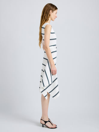 Proenza Schouler Side full length image of model wearing Artemis Dress in Rib Knit in White Multi