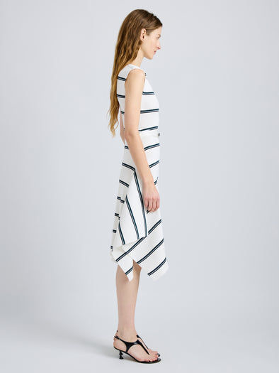 Proenza Schouler Side full length image of model wearing Artemis Dress in Rib Knit in White Multi