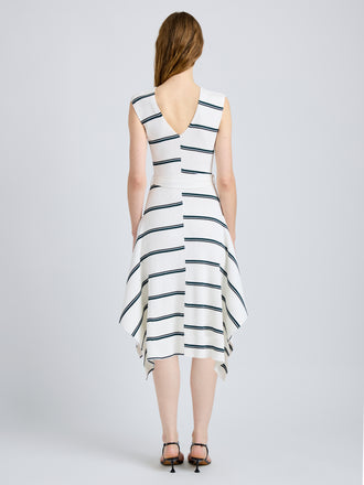 Proenza Schouler Back full length image of model wearing Artemis Dress in Rib Knit in White Multi