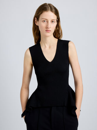 Proenza Schouler Detail image of model wearing Eugenie Top in Rib Knit in Black