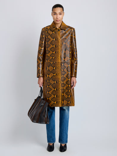 Proenza Schouler Front full length image of model wearing Leticia Coat in Python Print in Gold Multi
