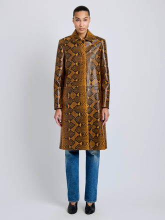 Proenza Schouler Front full length image of model wearing Leticia Coat in Python Print in Gold Multi