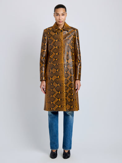 Proenza Schouler Front full length image of model wearing Leticia Coat in Python Print in Gold Multi