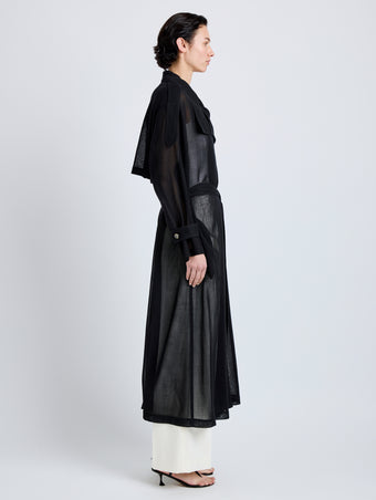 Proenza Schouler Side full length image of model wearing Esha Coat in Sheer Wool in Black