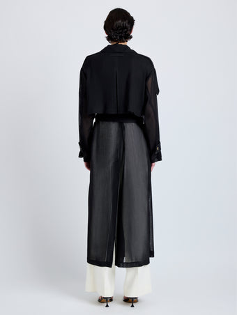 Proenza Schouler Back full length image of model wearing Esha Coat in Sheer Wool in Black