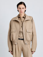 Proenza Schouler Front cropped image of model wearing Aviva Jacket in Wool Gabardine in Khaki