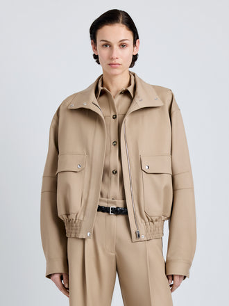 Proenza Schouler Front cropped image of model wearing Aviva Jacket in Wool Gabardine in Khaki