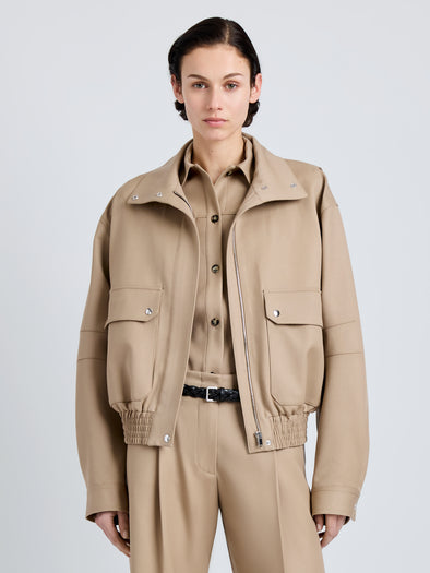 Proenza Schouler Front cropped image of model wearing Aviva Jacket in Wool Gabardine in Khaki