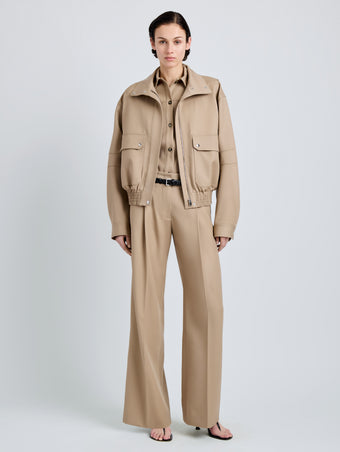 Proenza Schouler Front full length image of model wearing Aviva Jacket in Wool Gabardine in Khaki