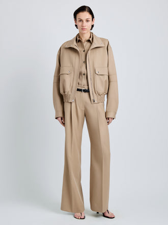 Proenza Schouler Front full length image of model wearing Aviva Jacket in Wool Gabardine in Khaki