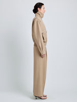 Proenza Schouler Side full length image of model wearing Aviva Jacket in Wool Gabardine in Khaki