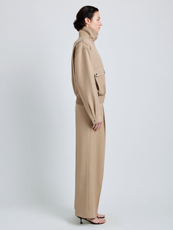 Proenza Schouler Side full length image of model wearing Aviva Jacket in Wool Gabardine in Khaki
