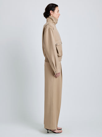 Proenza Schouler Side full length image of model wearing Aviva Jacket in Wool Gabardine in Khaki