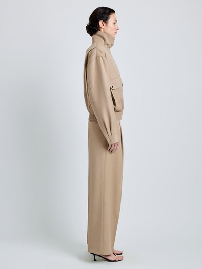 Proenza Schouler Side full length image of model wearing Aviva Jacket in Wool Gabardine in Khaki