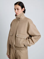 Proenza Schouler Detail image of model wearing Aviva Jacket in Wool Gabardine in Khaki