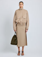 Proenza Schouler Front full length image of model wearing Sukki Jacket in Draped Viscose in Black