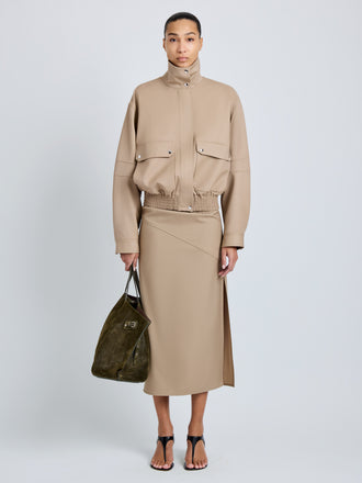 Proenza Schouler Front full length image of model wearing Sukki Jacket in Draped Viscose in Black