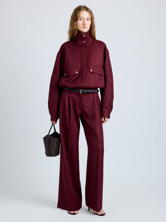 Proenza Schouler Front full length image of model wearing Aviva Jacket in Wool Gabardine in Oxblood
