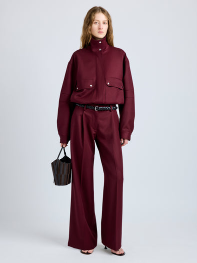 Proenza Schouler Front full length image of model wearing Aviva Jacket in Wool Gabardine in Oxblood