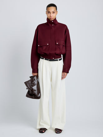 Proenza Schouler Front full length image of model wearing Sukki Jacket in Draped Viscose in Black