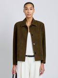 Proenza Schouler Front cropped image of model wearing Irine Suede Jacket in Cypress