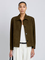 Proenza Schouler Front cropped image of model wearing Irine Suede Jacket in Cypress