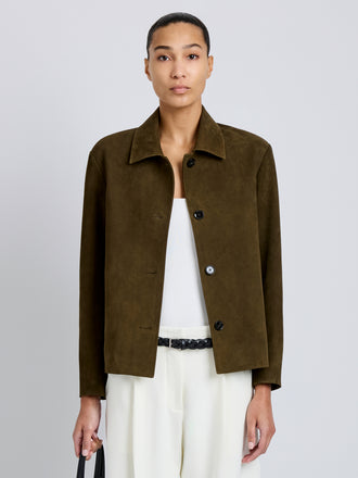 Proenza Schouler Front cropped image of model wearing Irine Suede Jacket in Cypress