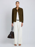 Proenza Schouler Front full length image of model wearing Irine Suede Jacket in Cypress