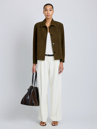 Proenza Schouler Front full length image of model wearing Irine Suede Jacket in Cypress