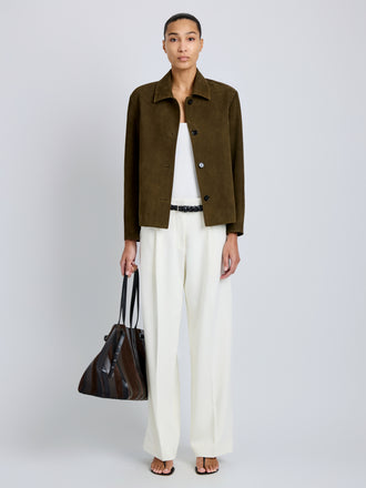 Proenza Schouler Front full length image of model wearing Irine Suede Jacket in Cypress