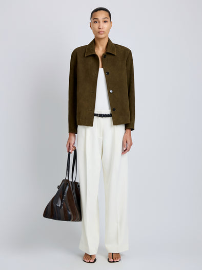 Proenza Schouler Front full length image of model wearing Irine Suede Jacket in Cypress