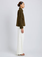 Proenza Schouler Side full length image of model wearing Irine Suede Jacket in Cypress