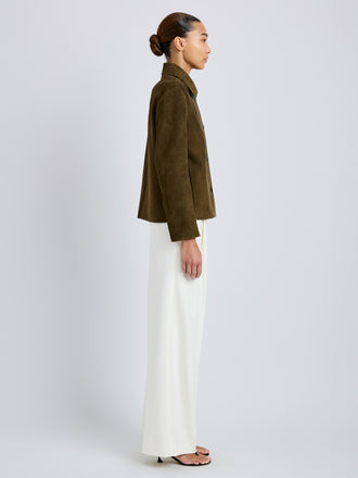 Proenza Schouler Side full length image of model wearing Irine Suede Jacket in Cypress