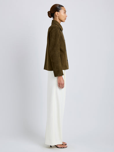 Proenza Schouler Side full length image of model wearing Irine Suede Jacket in Cypress