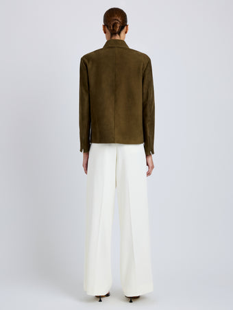 Proenza Schouler Back full length image of model wearing Irine Suede Jacket in Cypress