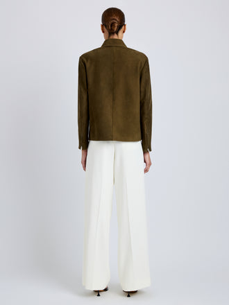 Proenza Schouler Back full length image of model wearing Irine Suede Jacket in Cypress