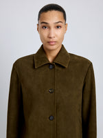 Proenza Schouler Detail image of model wearing Irine Suede Jacket in Cypress