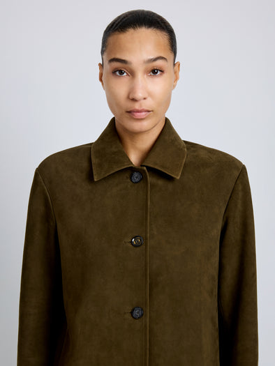 Proenza Schouler Detail image of model wearing Irine Suede Jacket in Cypress