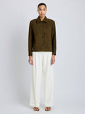 Proenza Schouler Front full length image of model wearing Sukki Jacket in Draped Viscose in Black