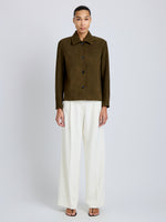 Proenza Schouler Front full length image of model wearing Sukki Jacket in Draped Viscose in Black