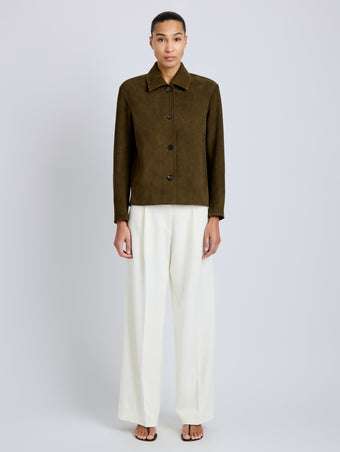 Proenza Schouler Front full length image of model wearing Sukki Jacket in Draped Viscose in Black