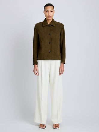 Proenza Schouler Front full length image of model wearing Sukki Jacket in Draped Viscose in Black