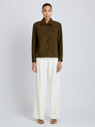 Proenza Schouler Front full length image of model wearing Sukki Jacket in Draped Viscose in Black