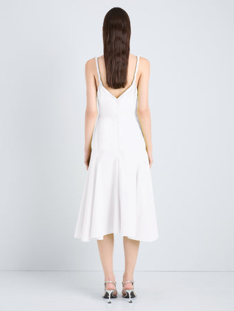 Proenza Schouler Back full length image of model wearing Leo Dress in Classic Cotton Shirting in Optic White