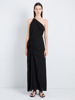 Proenza Schouler Front full length image of model wearing Sirena Dress in Crinkle Linen Viscose in Black