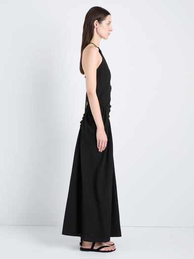 Proenza Schouler Side full length image of model wearing Sirena Dress in Crinkle Linen Viscose in Black