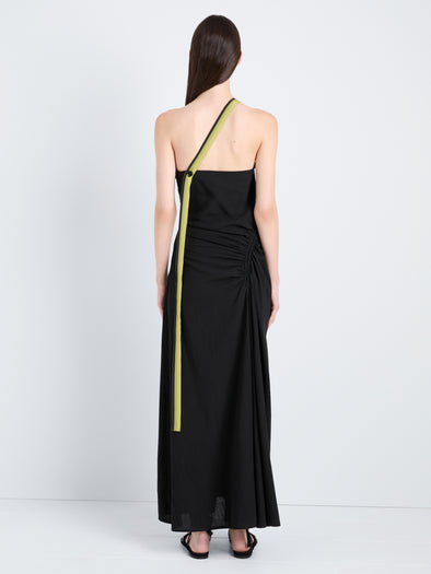 Proenza Schouler Back full length image of model wearing Sirena Dress in Crinkle Linen Viscose in Black