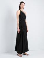 Proenza Schouler Front full length image of model wearing Sirena Dress in Crinkle Linen Viscose in Black